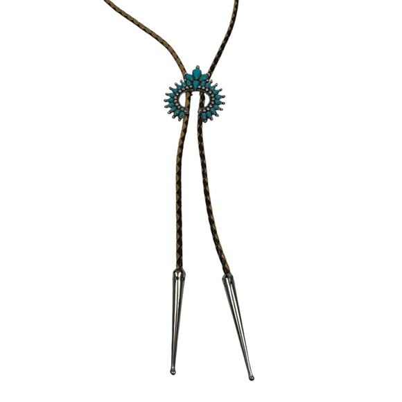 Boho Western Faux Turquoise Bolo Tie Necklace Squash Blossom Brown Tan Rodeo - Picture 2 of 5